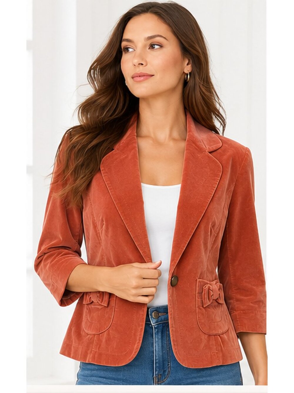 Cynthia Steffe Coral Velvet Blazer Women L Bow Pockets Cropped